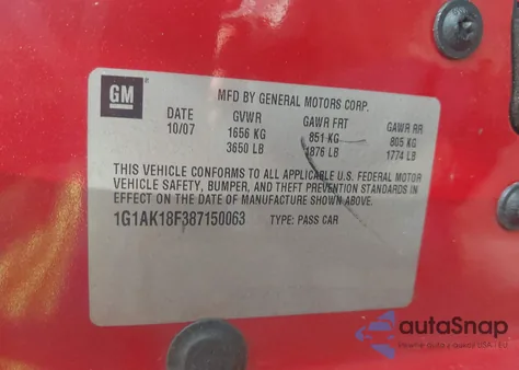 2008 Chevrolet Cobalt Ls z USA, uszkodzony, nr VIN 1G1AK18F387150063